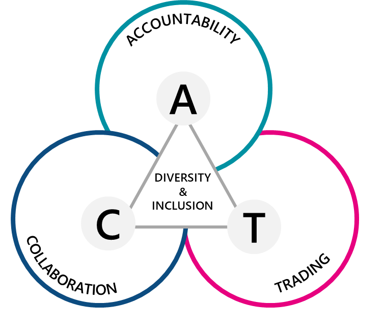 A three sided diagram with the three sides saying: accountability, collaboration and trading. The centre of the diagram says diversity and inclusion